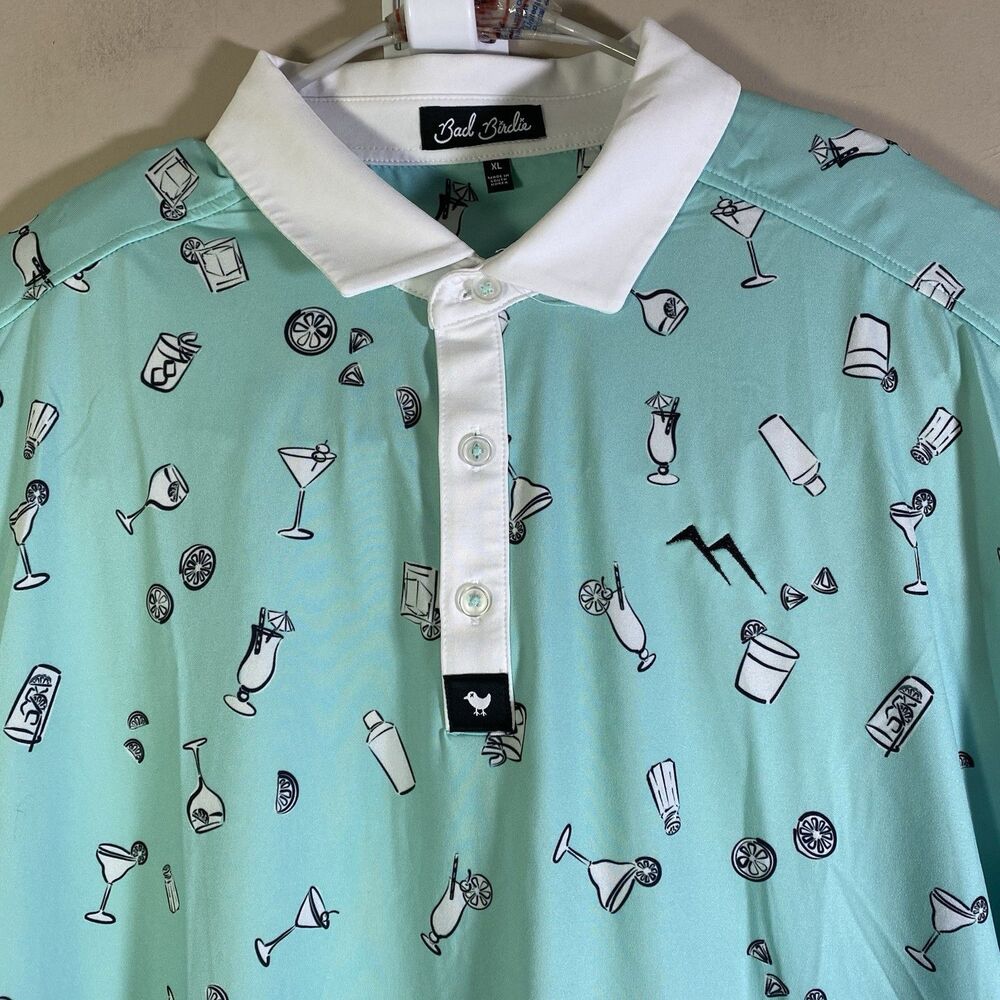 Bad Birdie Golf Polo Shirt Mens XL  Teal  5PM Somewhere  AOP Stretch